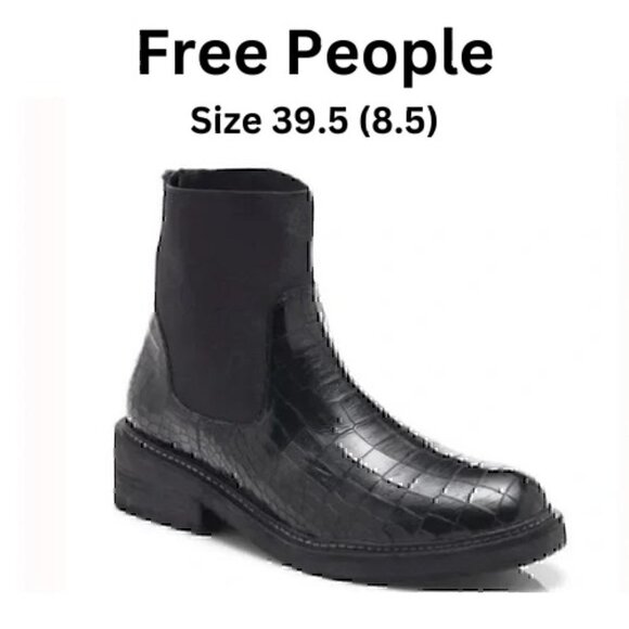 Free People Chelsea Boots Croc Embossed Leather Black Sz 39.5 (8.5) - Picture 3 of 12